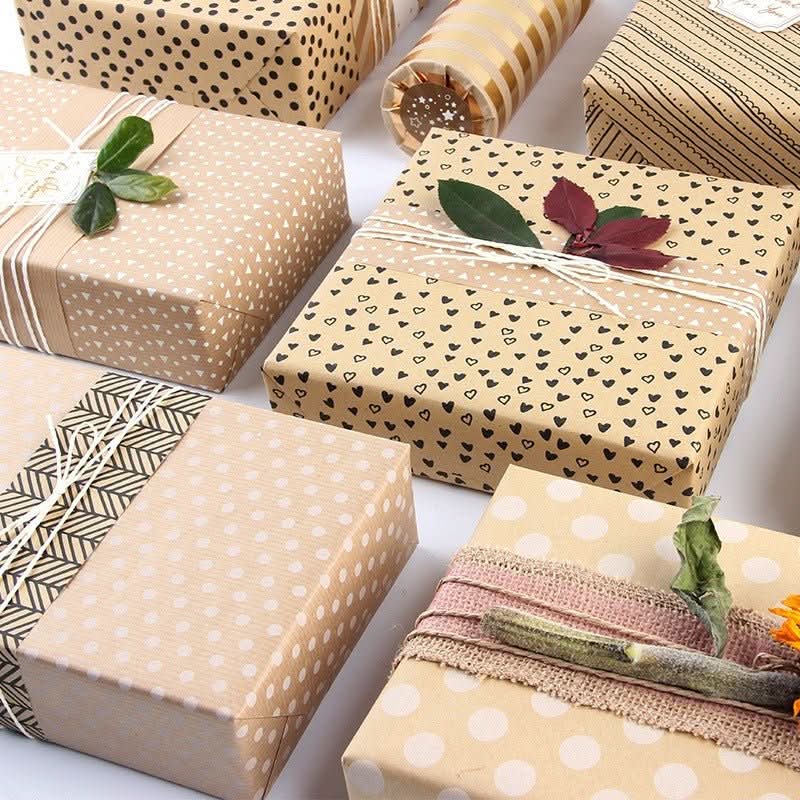 Kraft gift paper with heart, dot, and stripe patterns. Home decor.